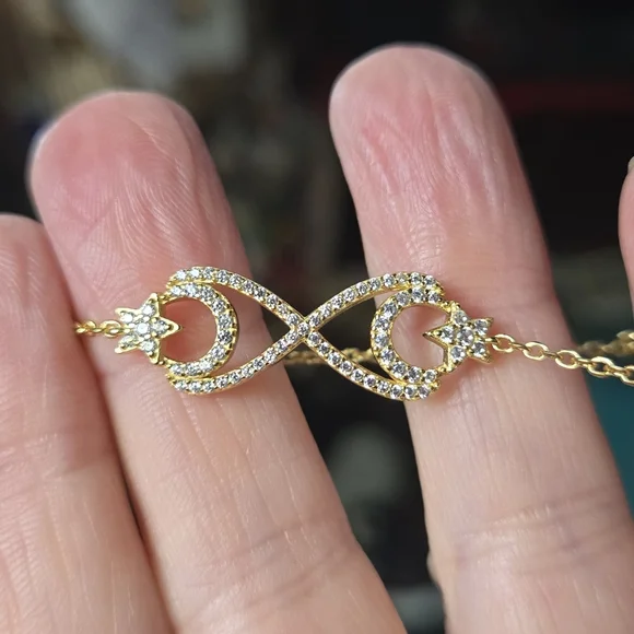 White Sapphire Sterling & Gold Infinity Crescent Moon & Star Bracelet 8" - Picture 4 of 10